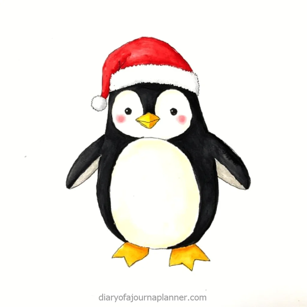 Cute penguin in a Santa hat, ready for the holidays. Festive illustration for Christmas cheer.