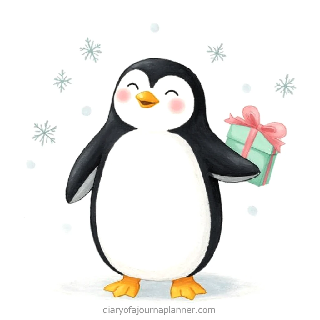 Cute penguin with gift and snowflakes, perfect for Christmas and winter-themed designs.