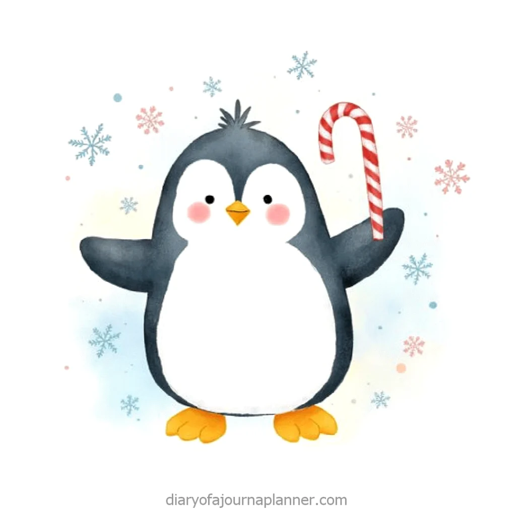 Cute penguin with candy cane and snowflakes; festive holiday illustration.