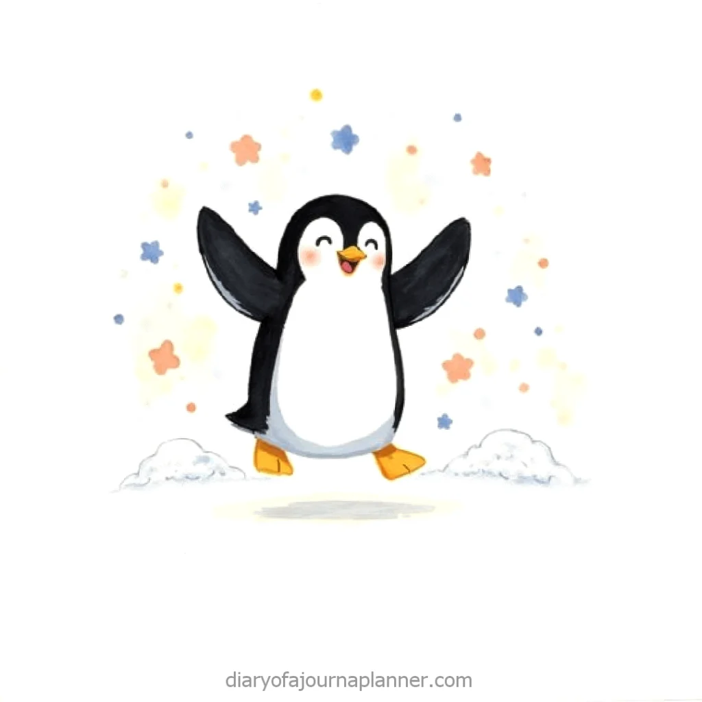 Cute illustrated penguin jumping with colorful confetti and snowflakes around.