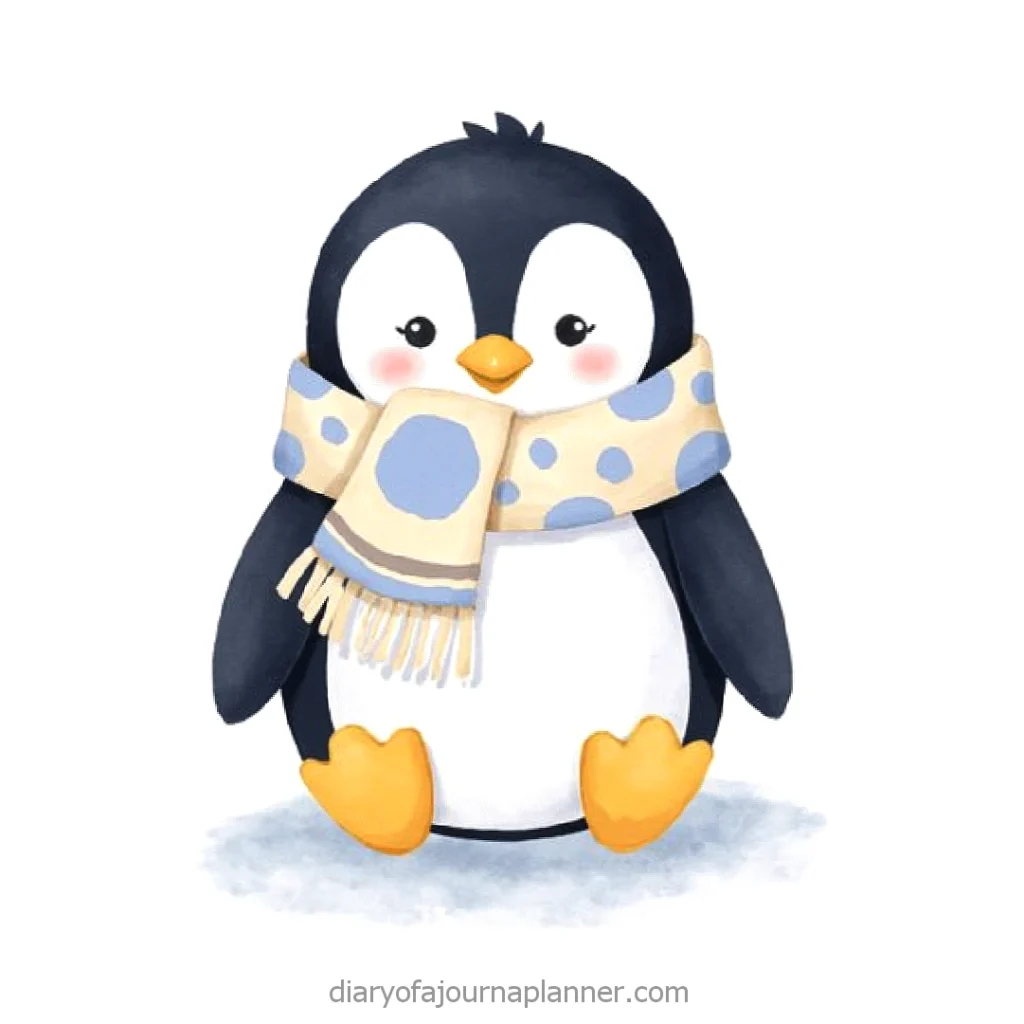 Cute cartoon penguin wearing a blue polka dot scarf, sitting on snow.