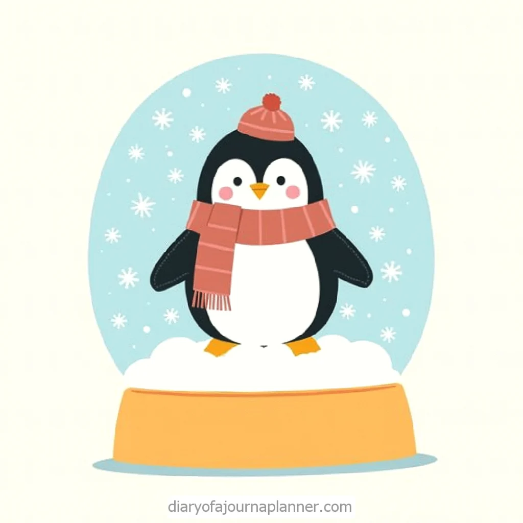 Cute penguin in a snow globe wearing a red scarf and hat, surrounded by falling snowflakes.