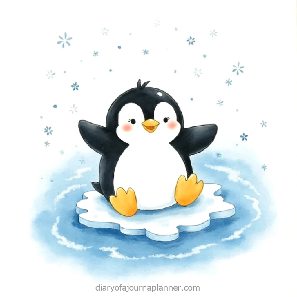 Cute cartoon penguin on ice with snowflakes falling around.