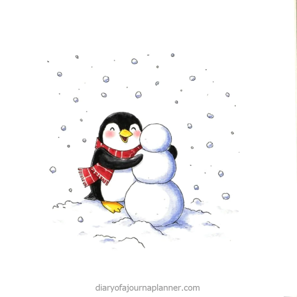Cute penguin with a red scarf building a snowman in a snowy scene. Winter fun and joy.