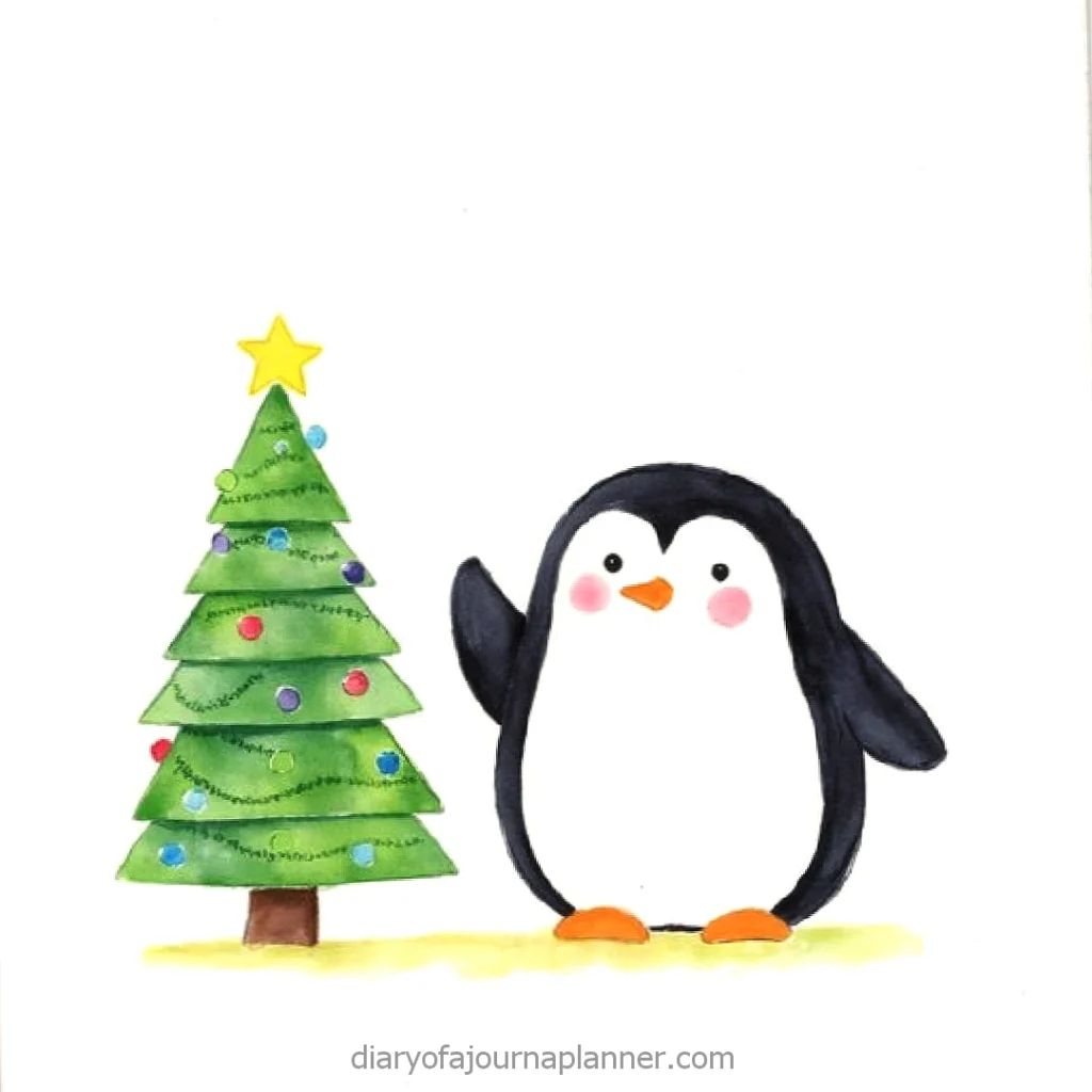 Cute penguin waving beside a decorated Christmas tree with a star on top.