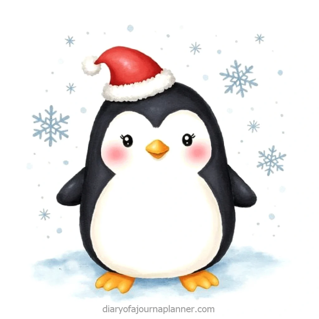 Cute cartoon penguin in Santa hat with snowflakes, perfect for Christmas-themed designs and festive decorations.