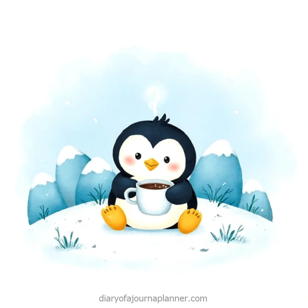 Cute cartoon penguin holding a coffee mug in snowy landscape, surrounded by blue mountains.