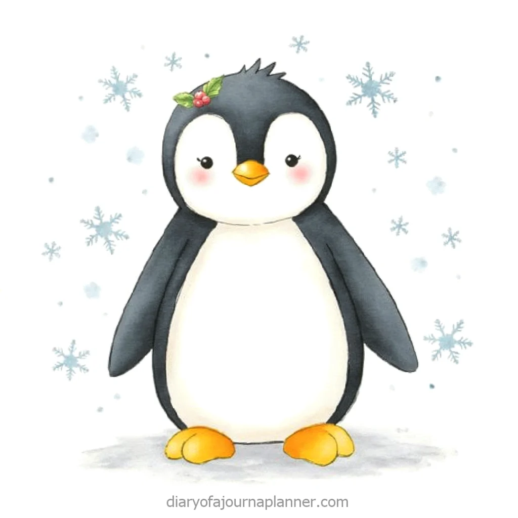 Cute cartoon penguin with a holly bow, surrounded by snowflakes, on a white background.
