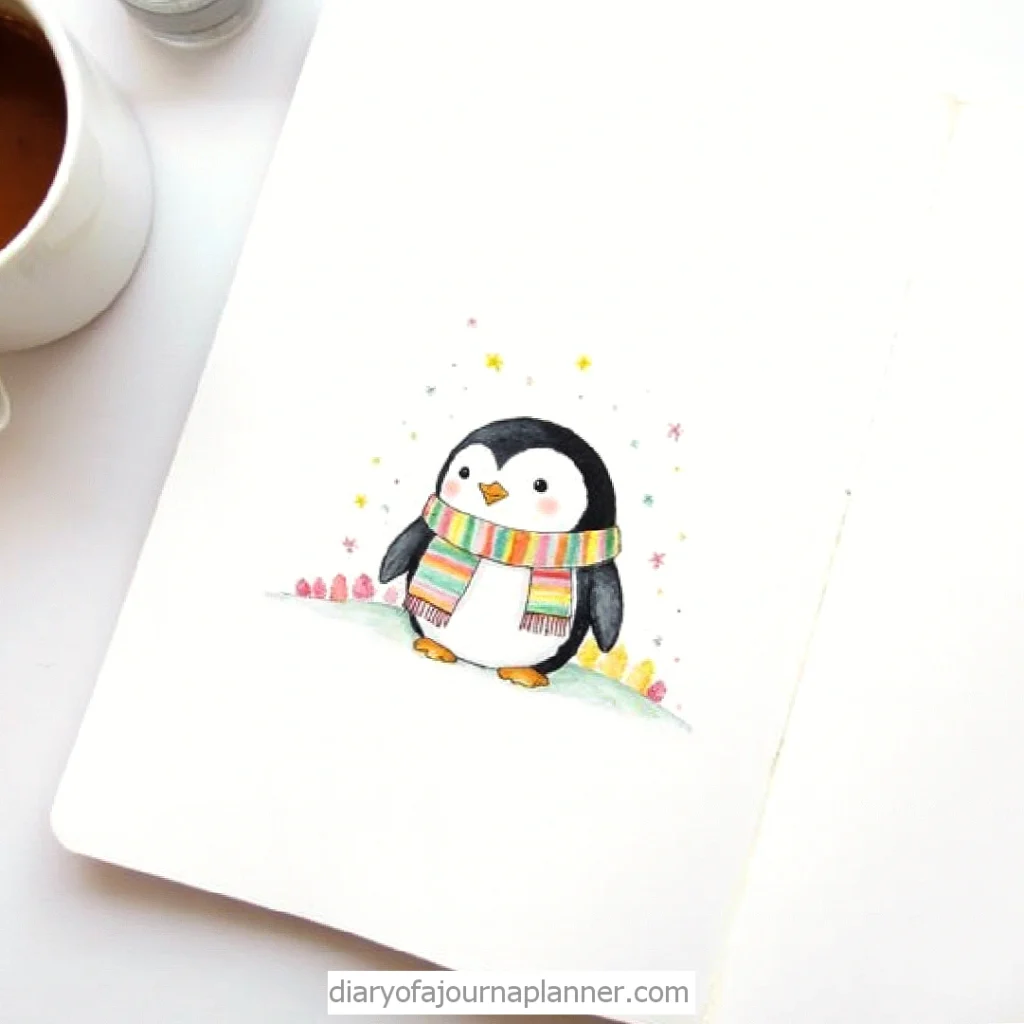 Cute penguin in a colorful scarf, drawn in a journal with a coffee cup nearby. Perfect winter-themed illustration.