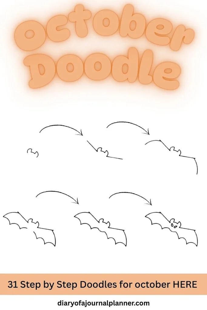 Step-by-step bat doodle tutorial for October, perfect for Halloween-themed journal pages.