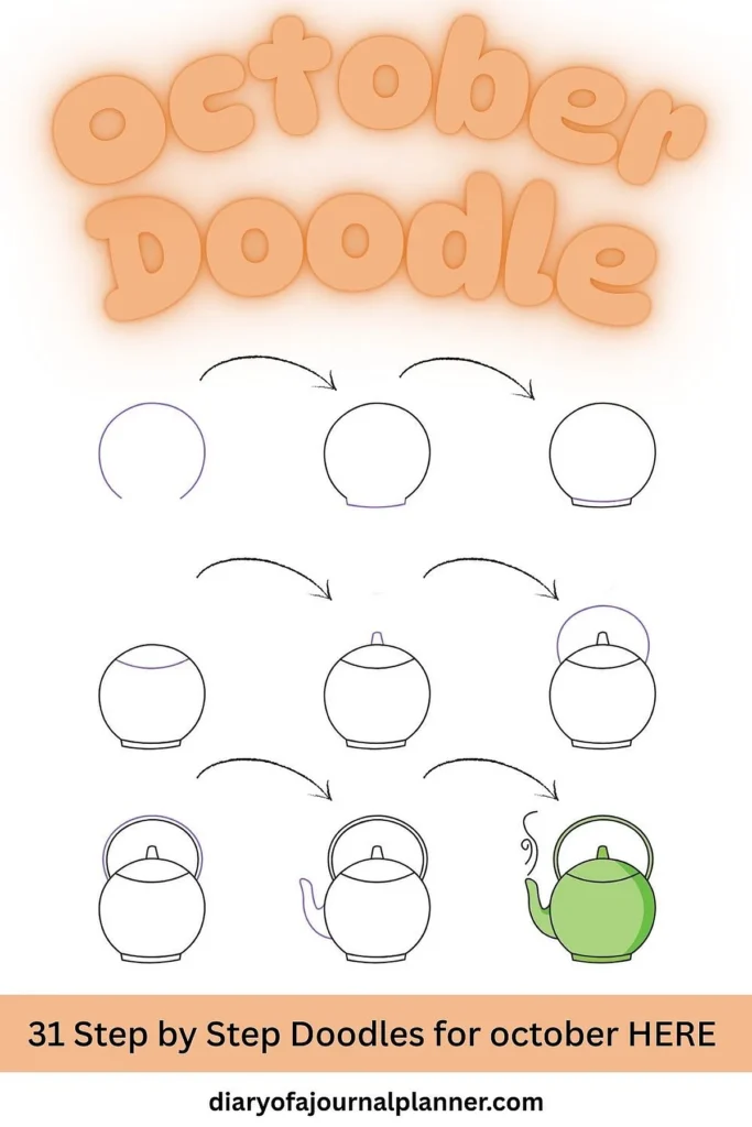Step-by-step doodle tutorial of a teapot for October, showing nine drawing stages.