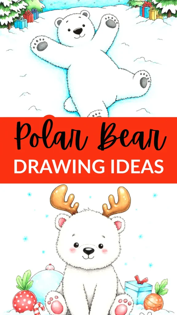 Adorable polar bear drawing ideas with antlers and gift boxes in snowy background.