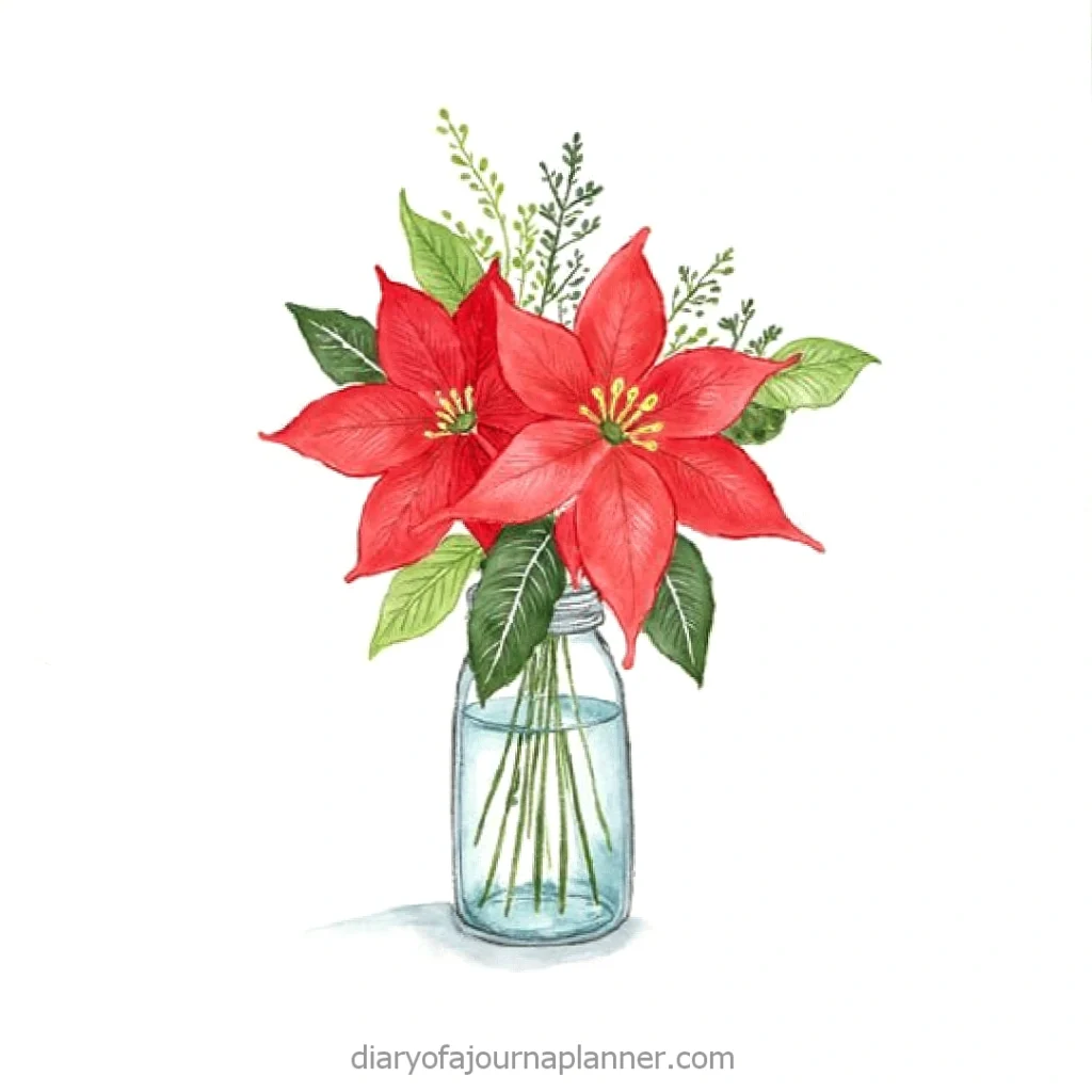 Watercolor poinsettias in a glass vase, featuring vibrant red flowers and lush green leaves on a white background.