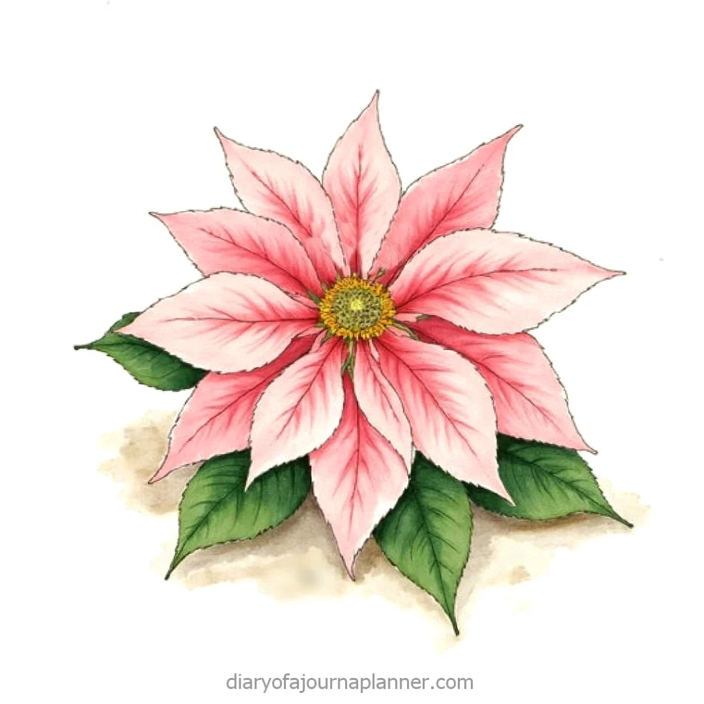 Pink poinsettia illustration with vibrant petals and green leaves, ideal for festive decor and botanical themes.
