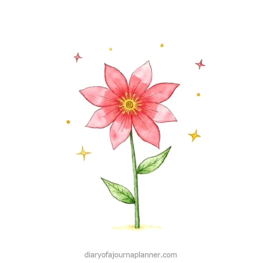 Whimsical pink flower illustration with green leaves, surrounded by sparkling stars on a white background.