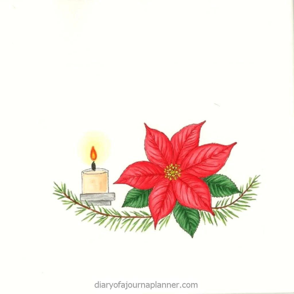 Festive illustration of a red poinsettia, lit candle, and evergreen sprigs on a white background.