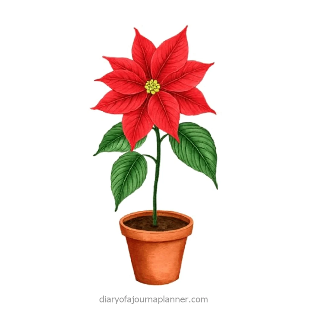 Illustrated poinsettia plant with vibrant red bracts and green leaves in a terracotta pot.