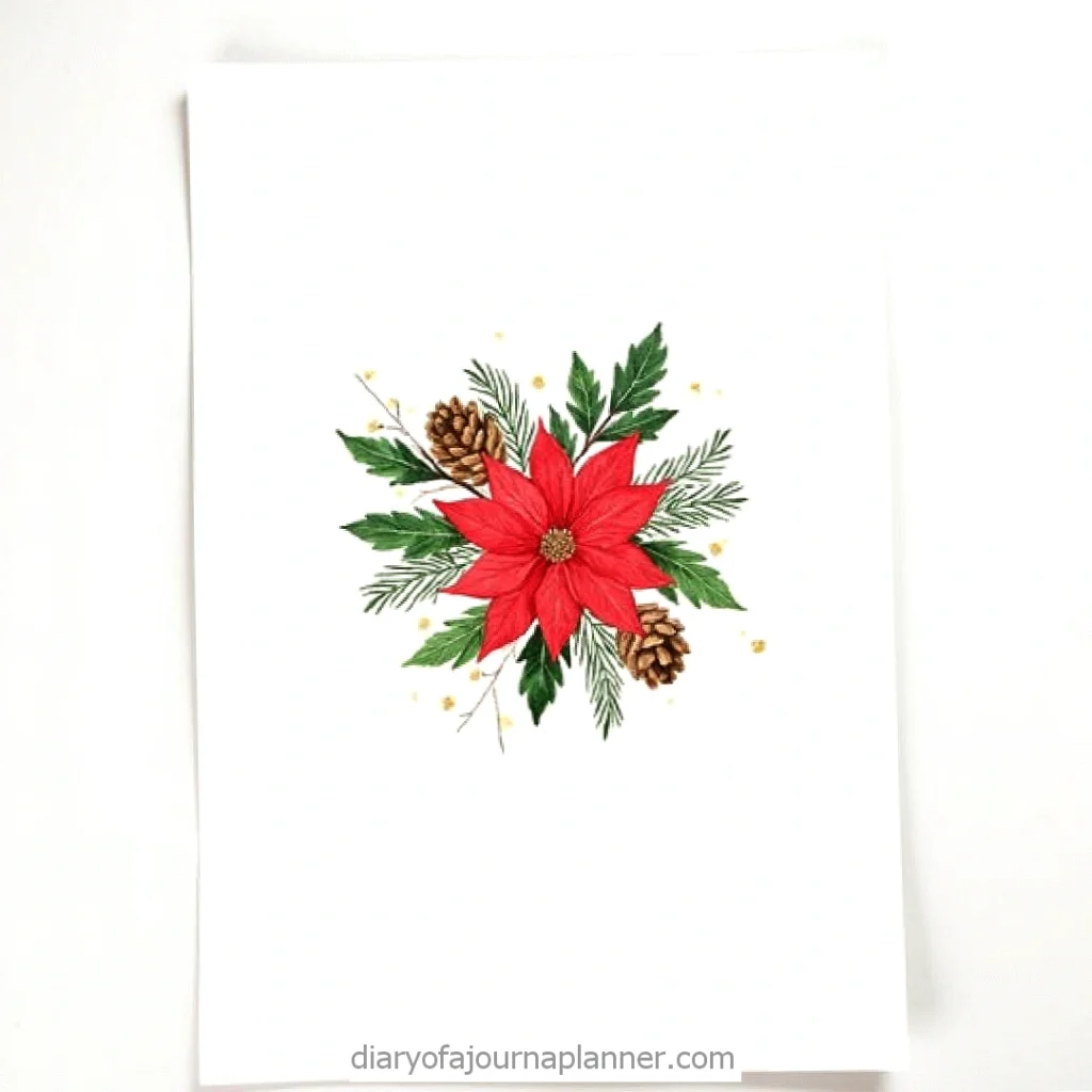 Watercolor Christmas card with red poinsettia, green leaves, and pinecones. Holiday-themed artistic design.