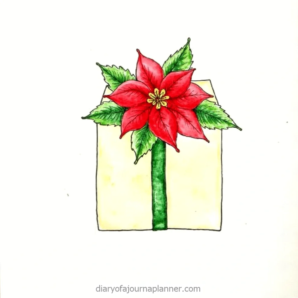 Watercolor of a gift box adorned with a red poinsettia flower and green ribbon. Holiday-themed illustration.