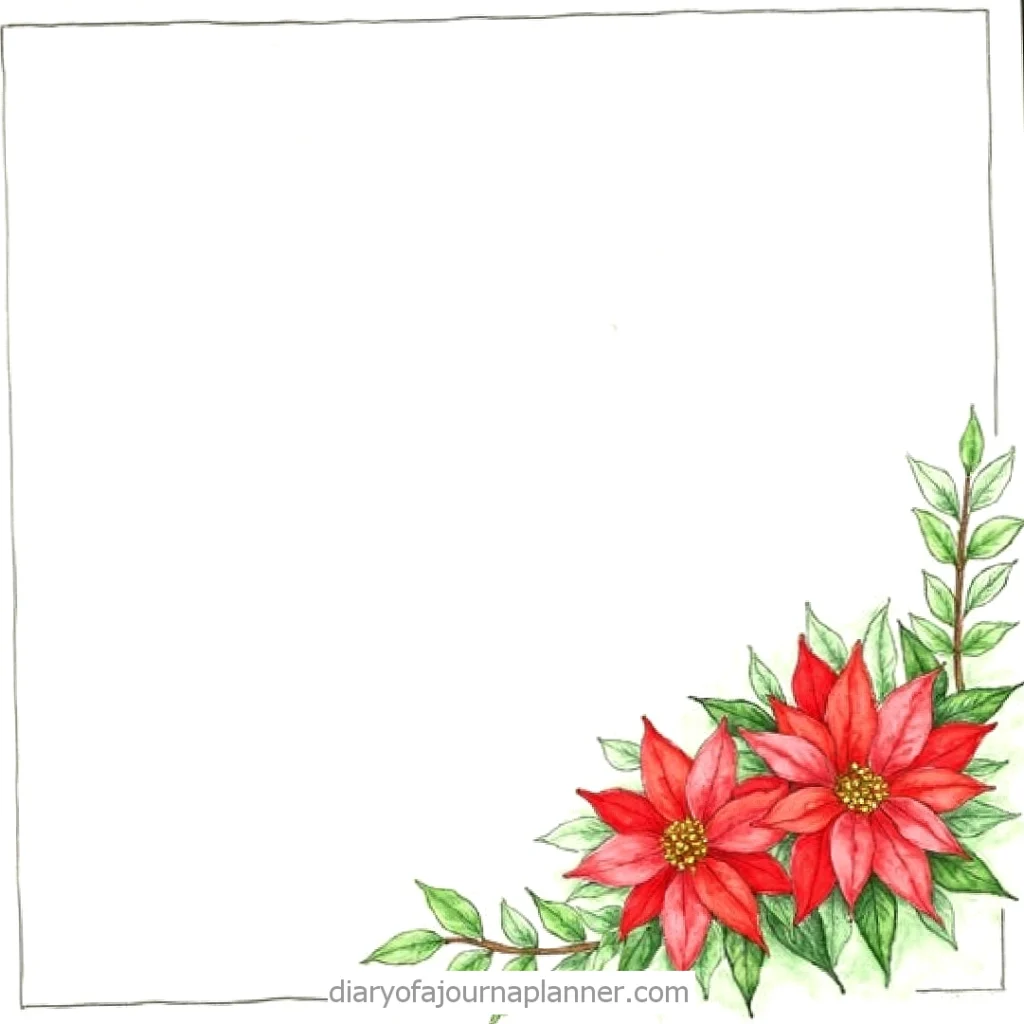 Festive border with watercolor red poinsettias and green leaves, perfect for holiday invitations or cheerful messages.