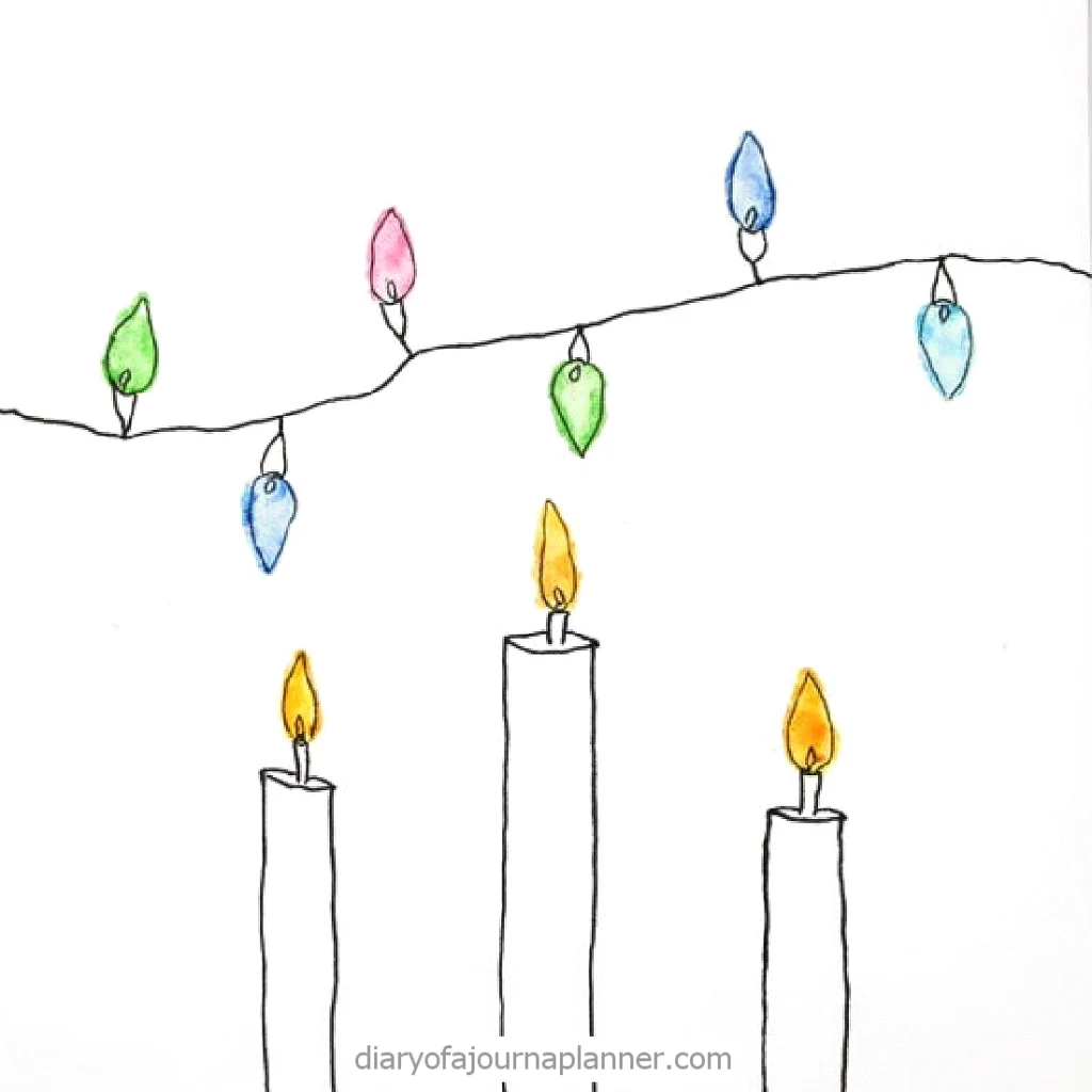 Hand-drawn holiday scene with colorful string lights and three lit candles on a white background.
