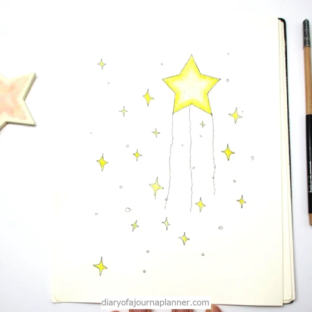 Notebook page with yellow star doodles and a pencil, ideal for journaling inspiration.