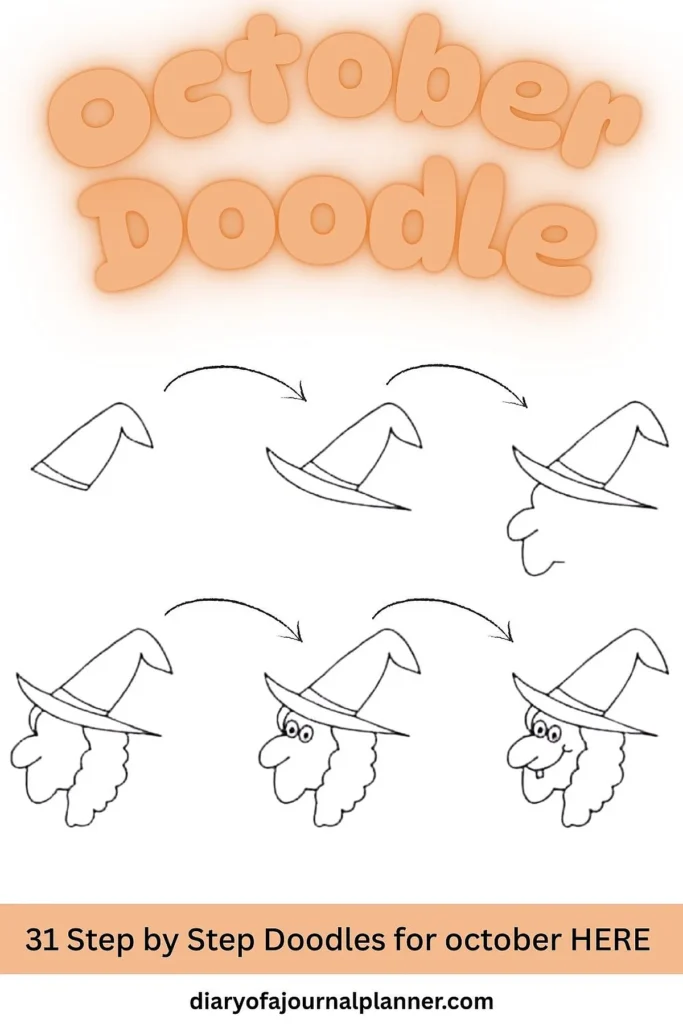 Step-by-step doodle tutorial for drawing a witch with a hat for October. Perfect for Halloween journaling or crafts.