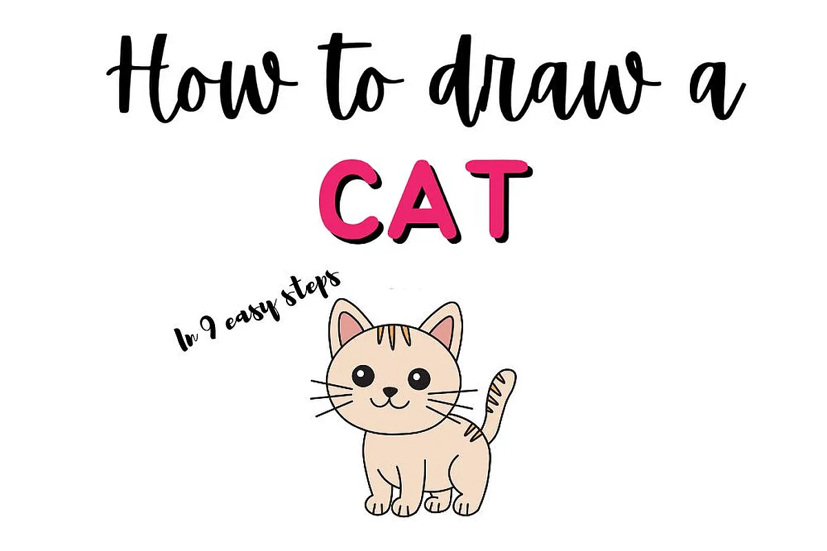 Learn to draw a cute cat doodle in 9 easy steps with this simple guide illustration.