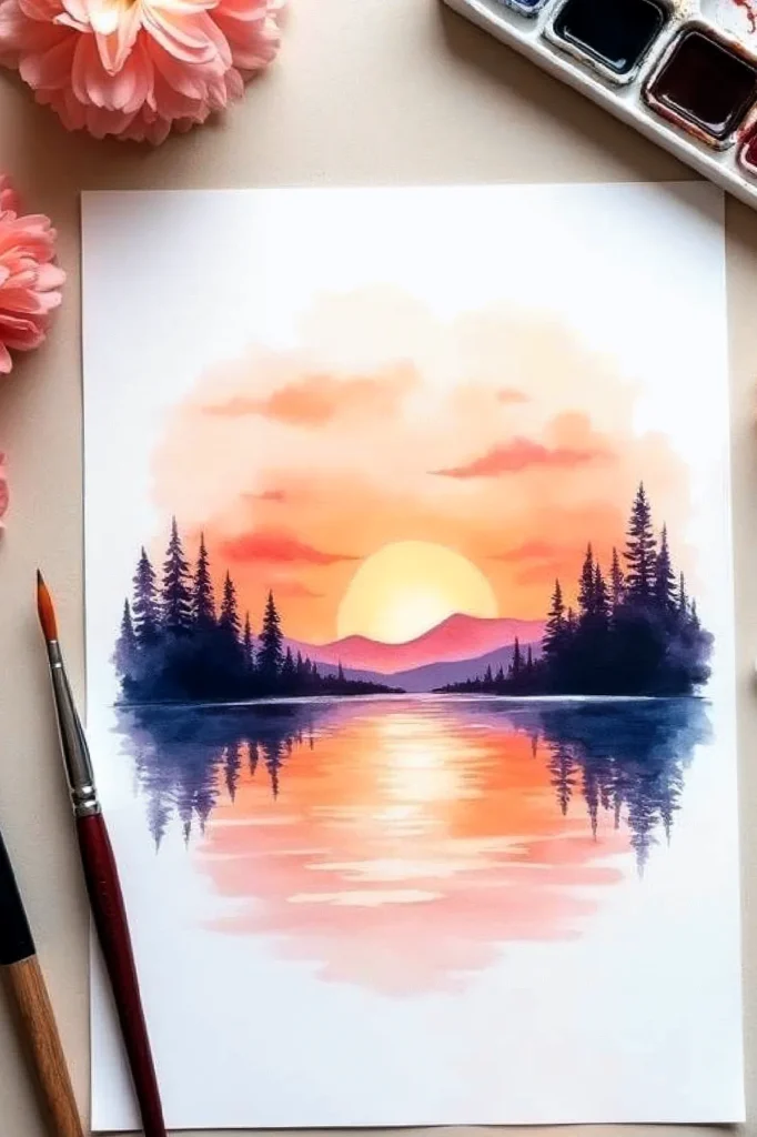 Watercolor sunset painting with trees, lake reflection, and art supplies. Serene landscape art on a tabletop.