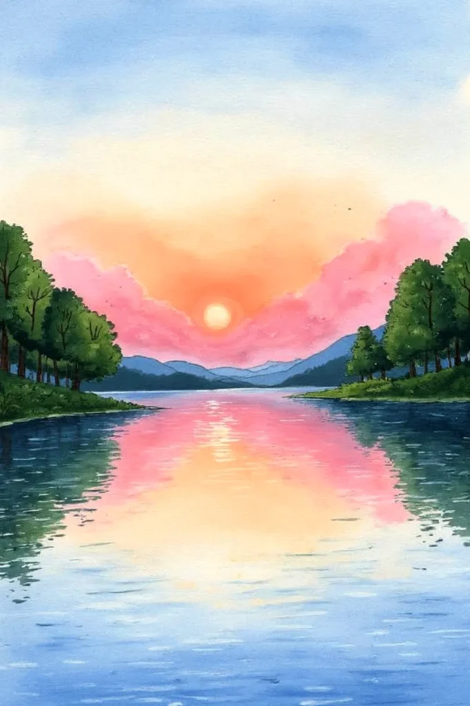 Colorful sunset over a serene lake with trees reflecting in the water, surrounded by mountains and vibrant clouds.