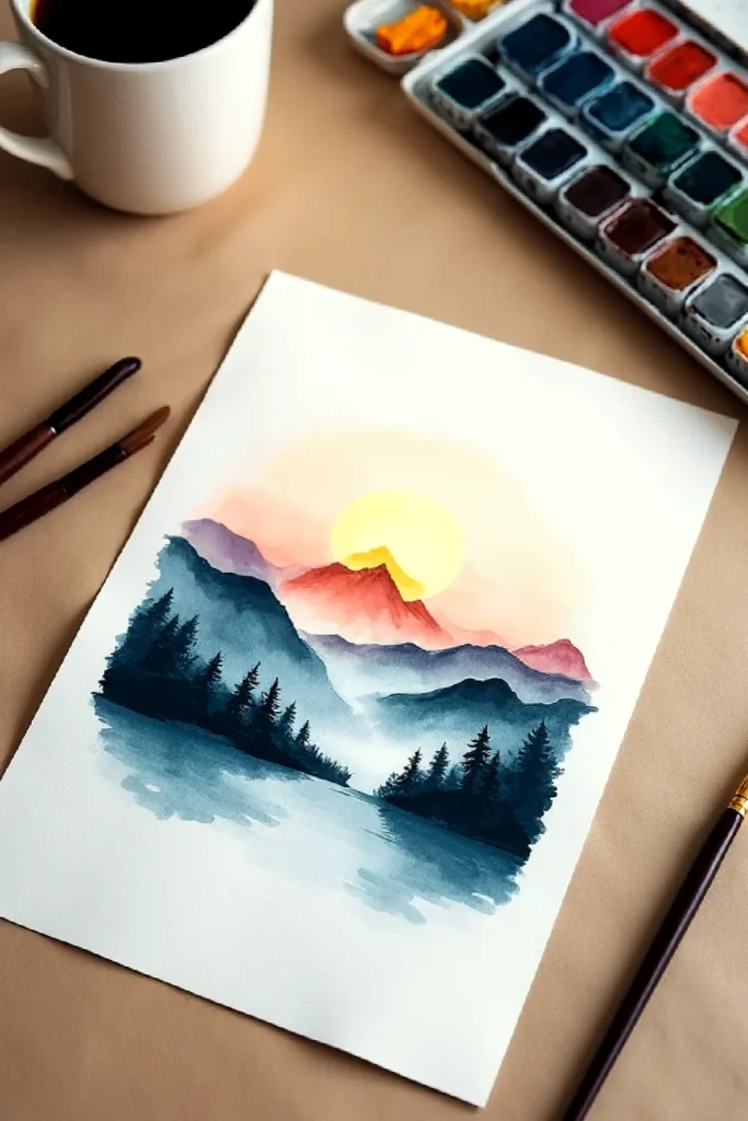 Watercolor painting of a sunset over mountains and forest, with art supplies and a coffee cup on a table.