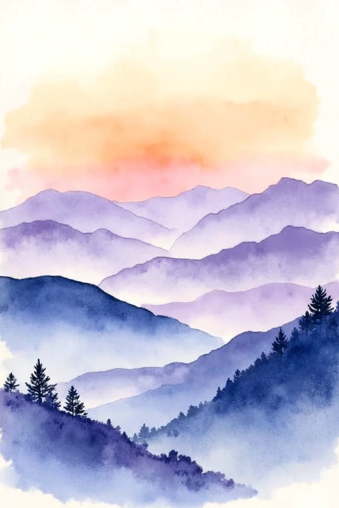 Watercolor landscape painting of purple mountains and trees at sunrise.