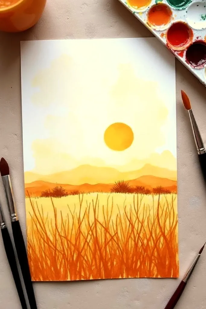 Watercolor sunset landscape painting with paintbrushes and colorful palette nearby.