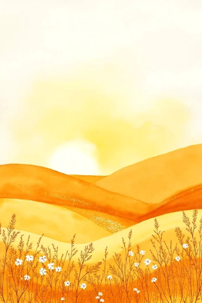 Illustration of a yellow and orange sunrise over rolling hills with wildflowers in the foreground.