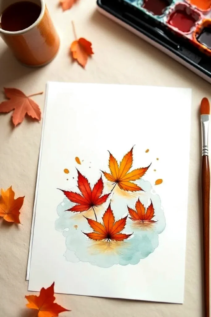 Watercolor painting of autumn leaves with a paintbrush and palette, featuring warm fall colors.