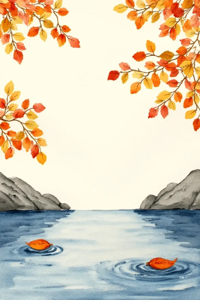 Autumn leaves frame a tranquil lakescape with mountains, orange leaves floating on the water.