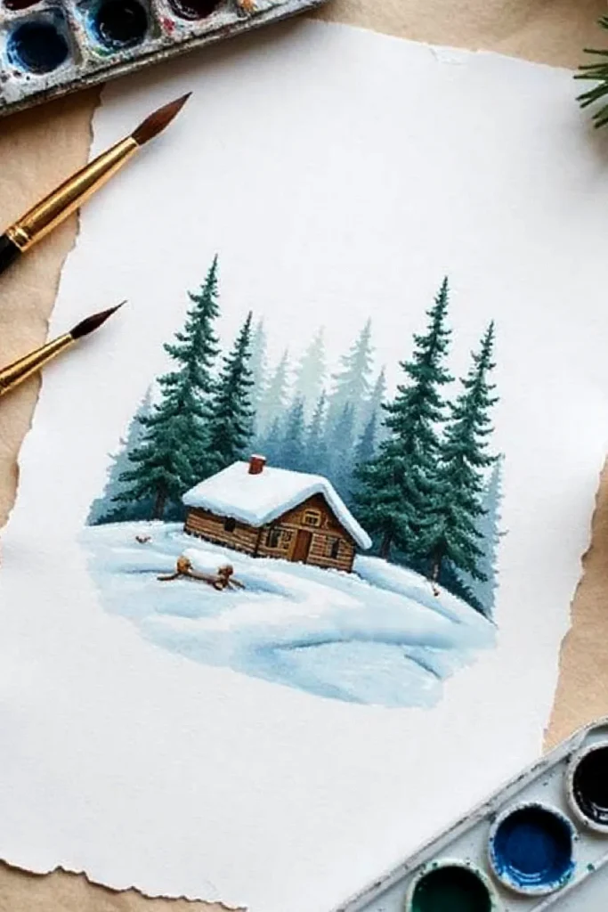 Watercolor painting of a snowy cabin in pine forest, with watercolor paints and brushes nearby.