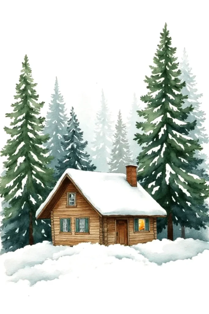 Cozy wooden cabin in snowy forest with glowing window, surrounded by tall evergreen trees in winter.