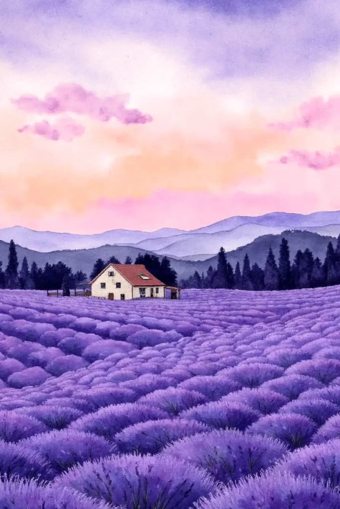 Purple lavender field with a house under a vibrant sunset sky, surrounded by mountains and trees.