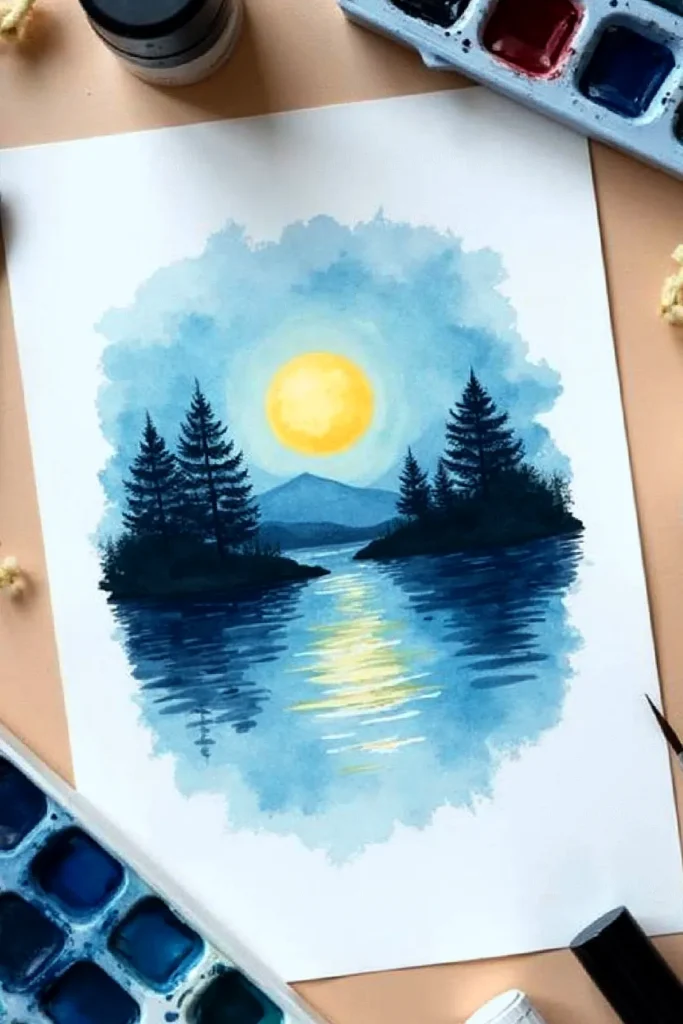 Watercolor painting of a serene lake at sunset with pine trees and mountains, surrounded by art supplies.