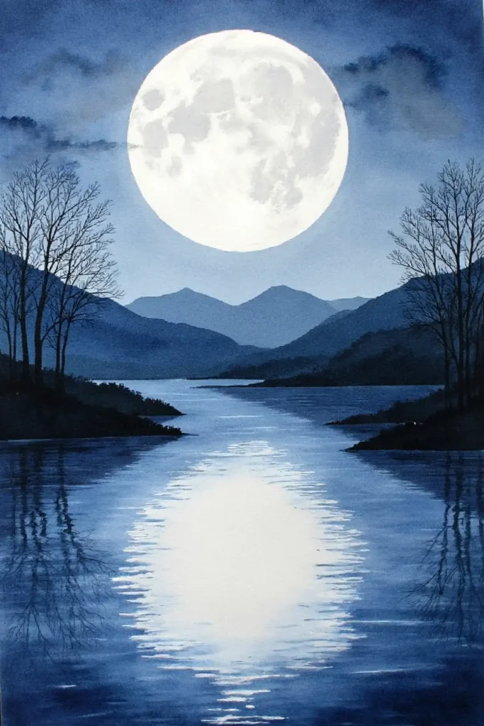 Full moon reflecting on a serene lake, surrounded by silhouetted trees and mountains under a night sky.