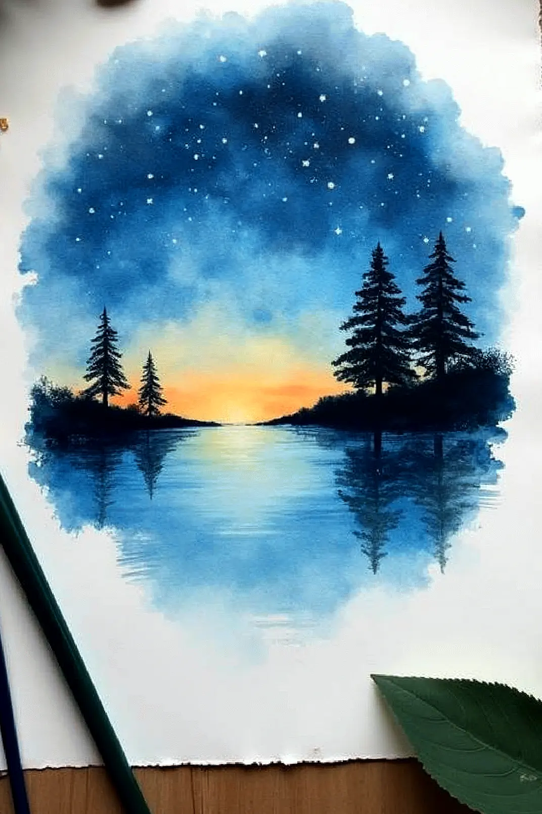 Watercolor landscape ideas of a serene lake at sunset with starry sky and pine trees.