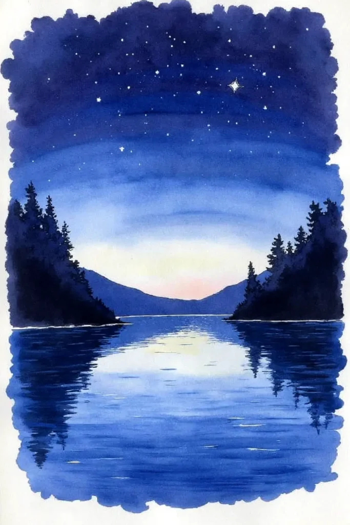 Starry night sky over a serene lake with silhouetted trees, reflecting a tranquil natural landscape.