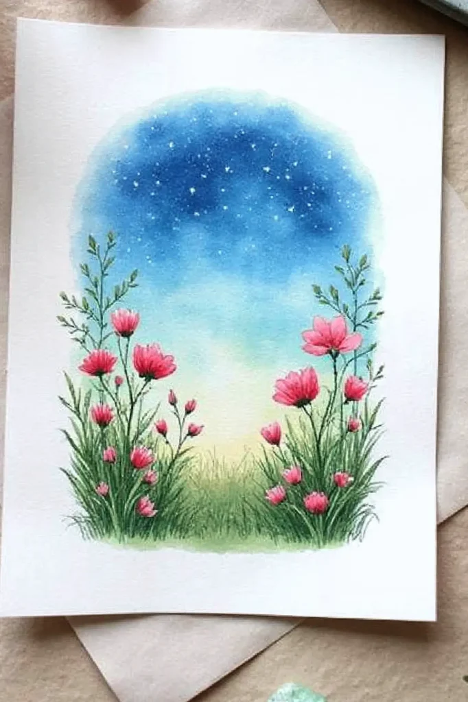 Watercolor painting of pink flowers under a starlit sky, creating a serene and dreamy landscape.