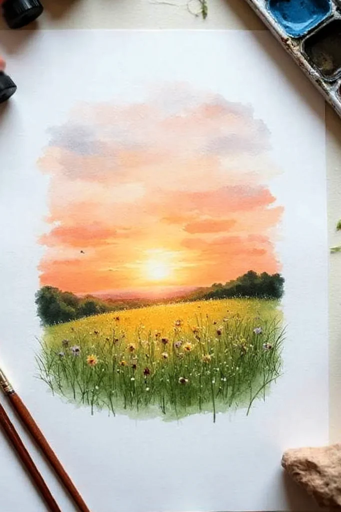Watercolor landscape of a vibrant sunset over a field of wildflowers, surrounded by paint supplies.