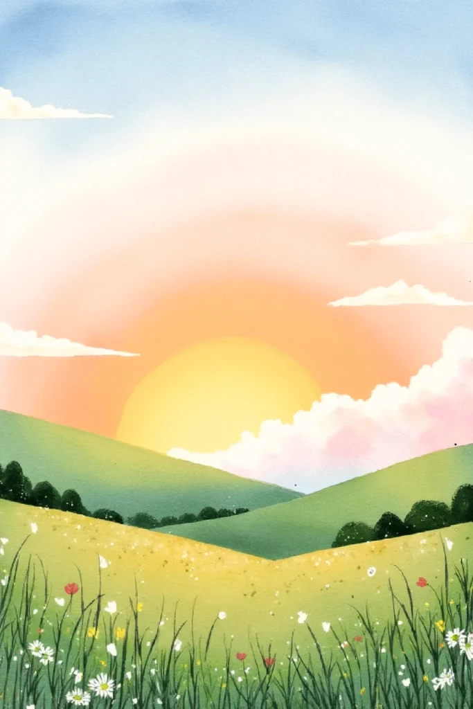 Illustrated sunrise over green hills with flowers and a clear blue sky. Peaceful nature scene.