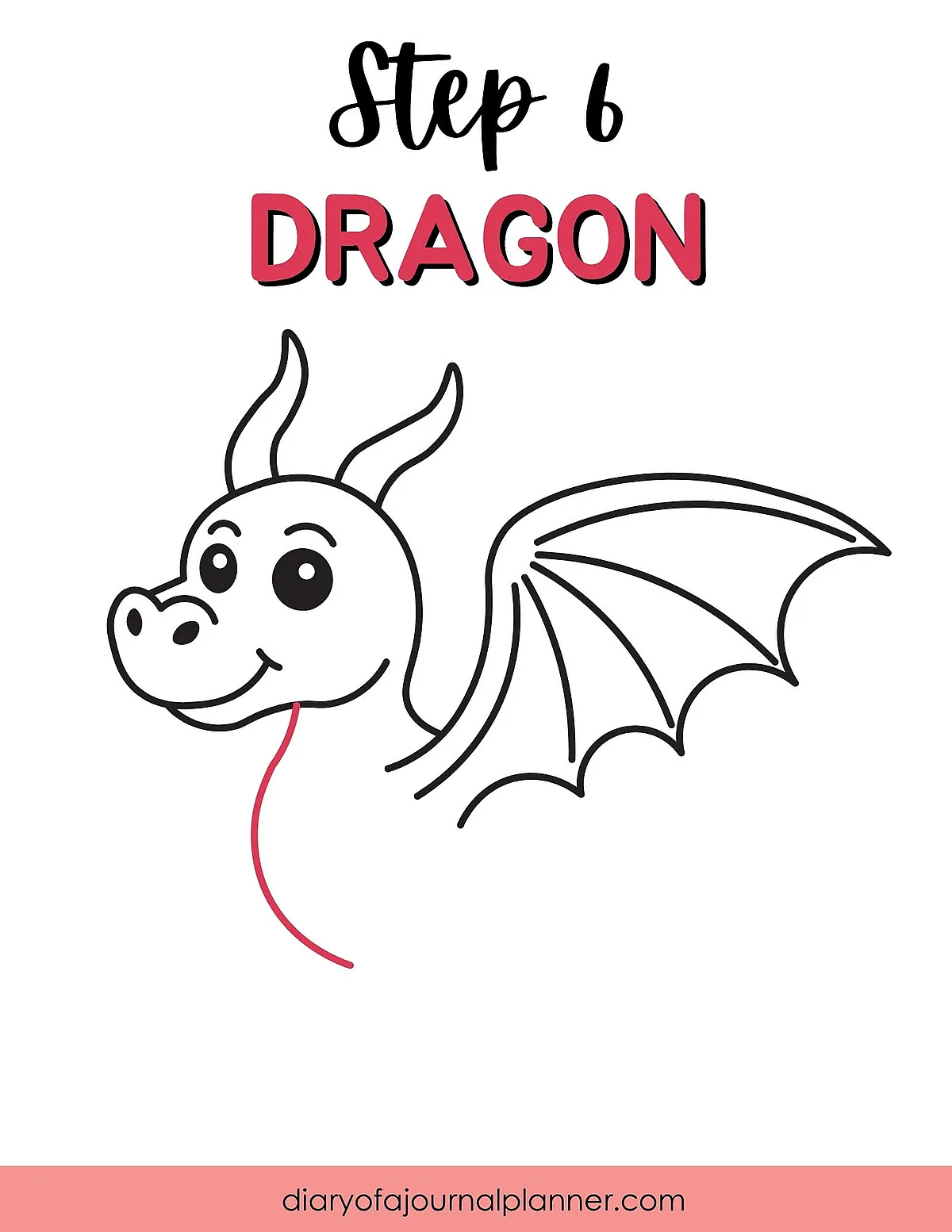 Illustrated dragon drawing tutorial step 6, simple black and white sketch with red accents.
