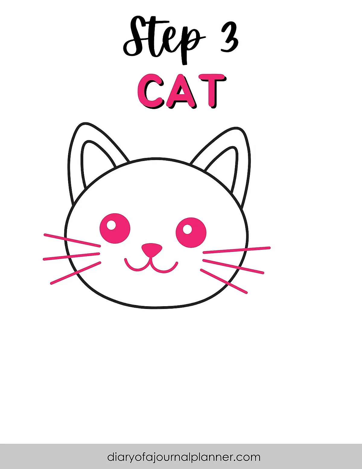 Illustration showing how to draw a simple cat face, step 3. Features cute ears and whiskers.