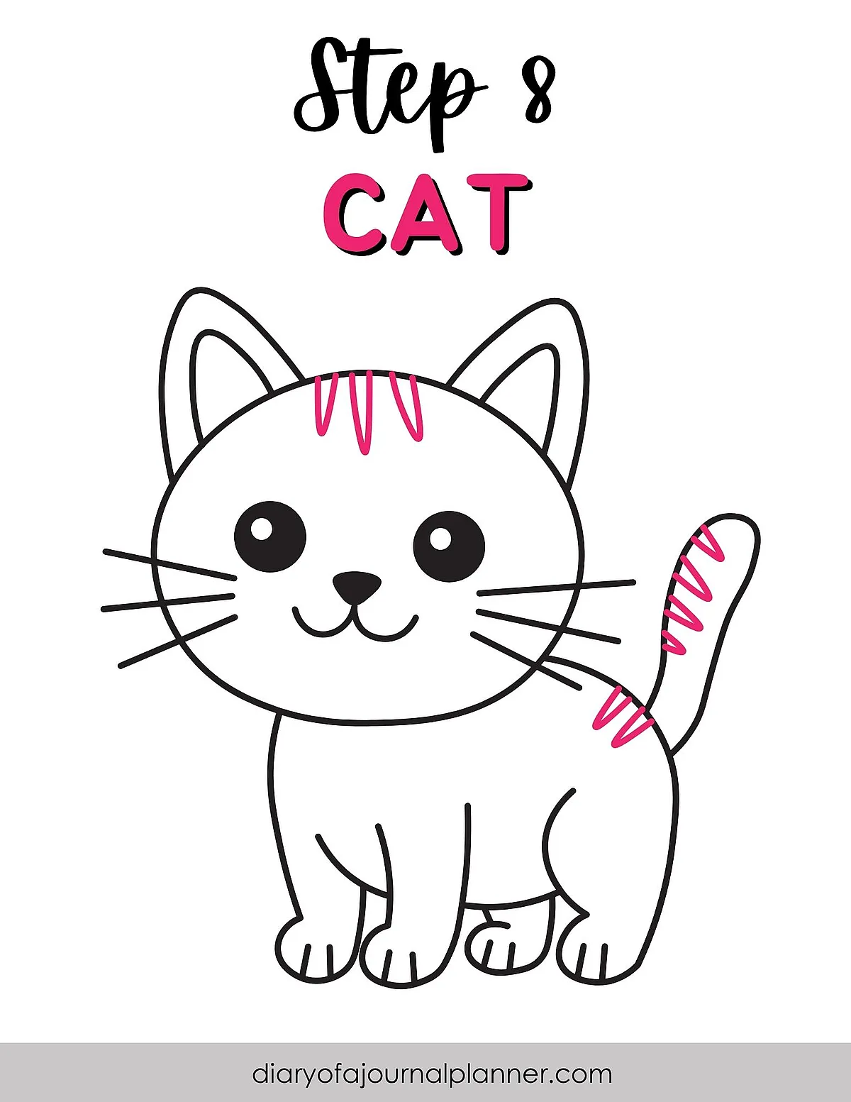 Drawing tutorial of a cute cat, step 8, with pink details on ears and tail.