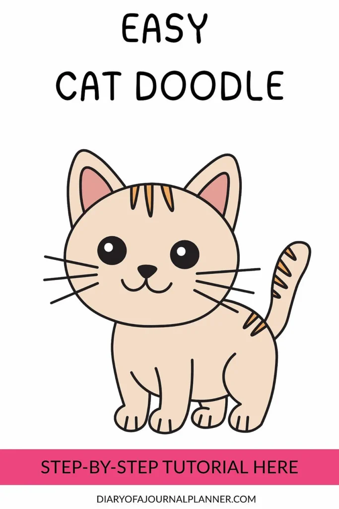 Illustration of a simple cat doodle with a tutorial link, ideal for easy drawing practice.